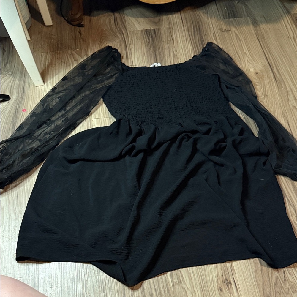 Black Butterfly Stretchy Cinched Dress with Sheer Puff Sleeves